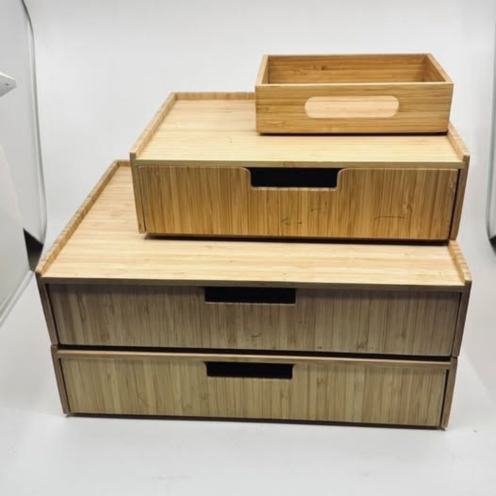 MobileVision Bamboo Stacking Drawers - Set of 4 (2 Large, 1 Small, 1 Open Tray)